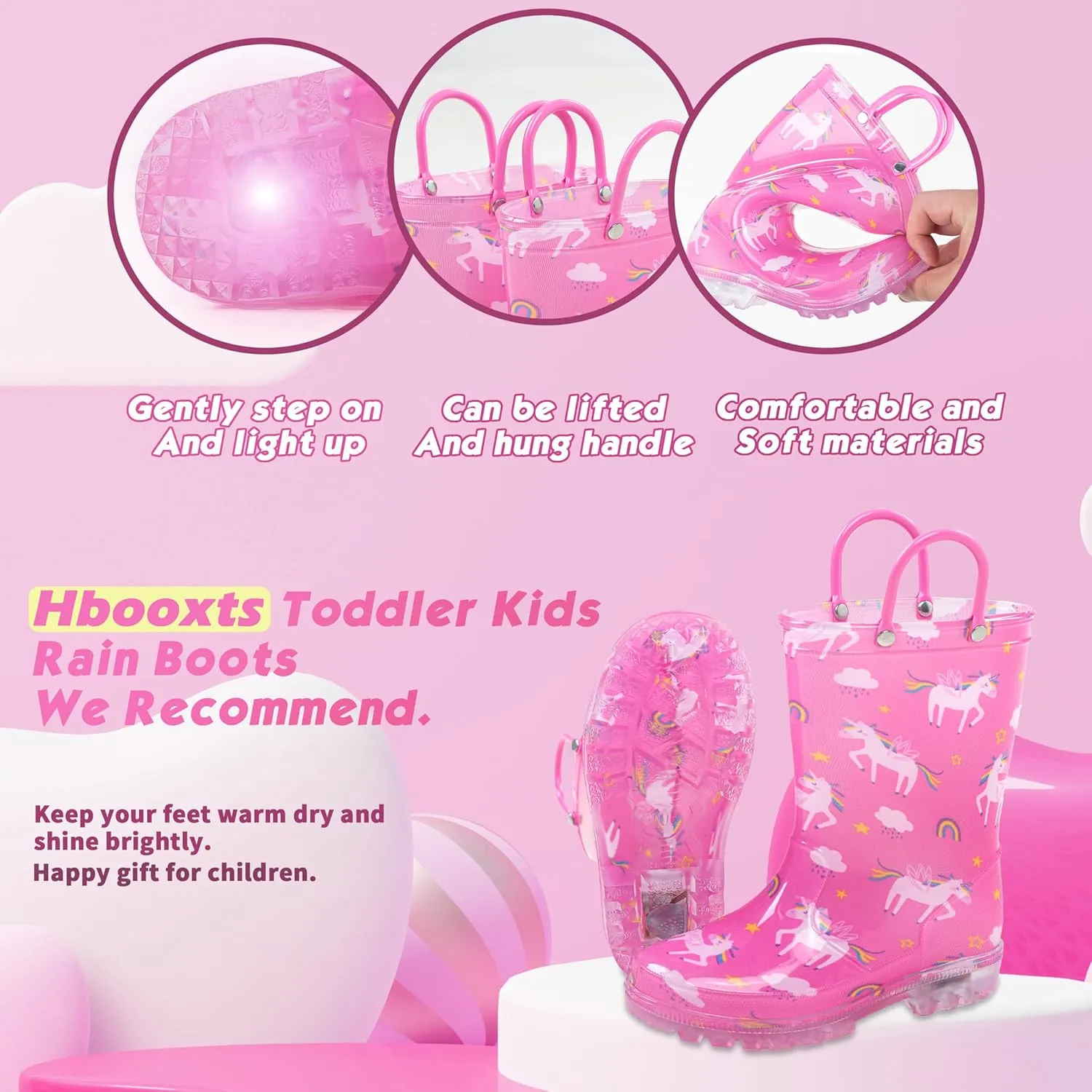 Toddler Light Up Rain Boots for Girls Boys Waterproof Rain Boots with Handles Outdoors Kid Rain Boots