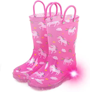 Toddler Light Up Rain Boots for Girls Boys Waterproof Rain Boots with Handles Outdoors Kid Rain Boots