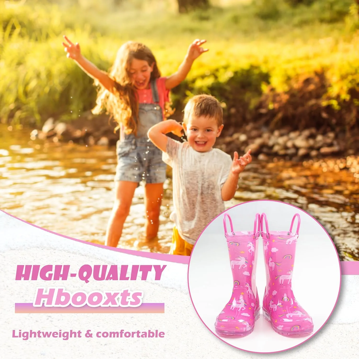 Toddler Light Up Rain Boots for Girls Boys Waterproof Rain Boots with Handles Outdoors Kid Rain Boots