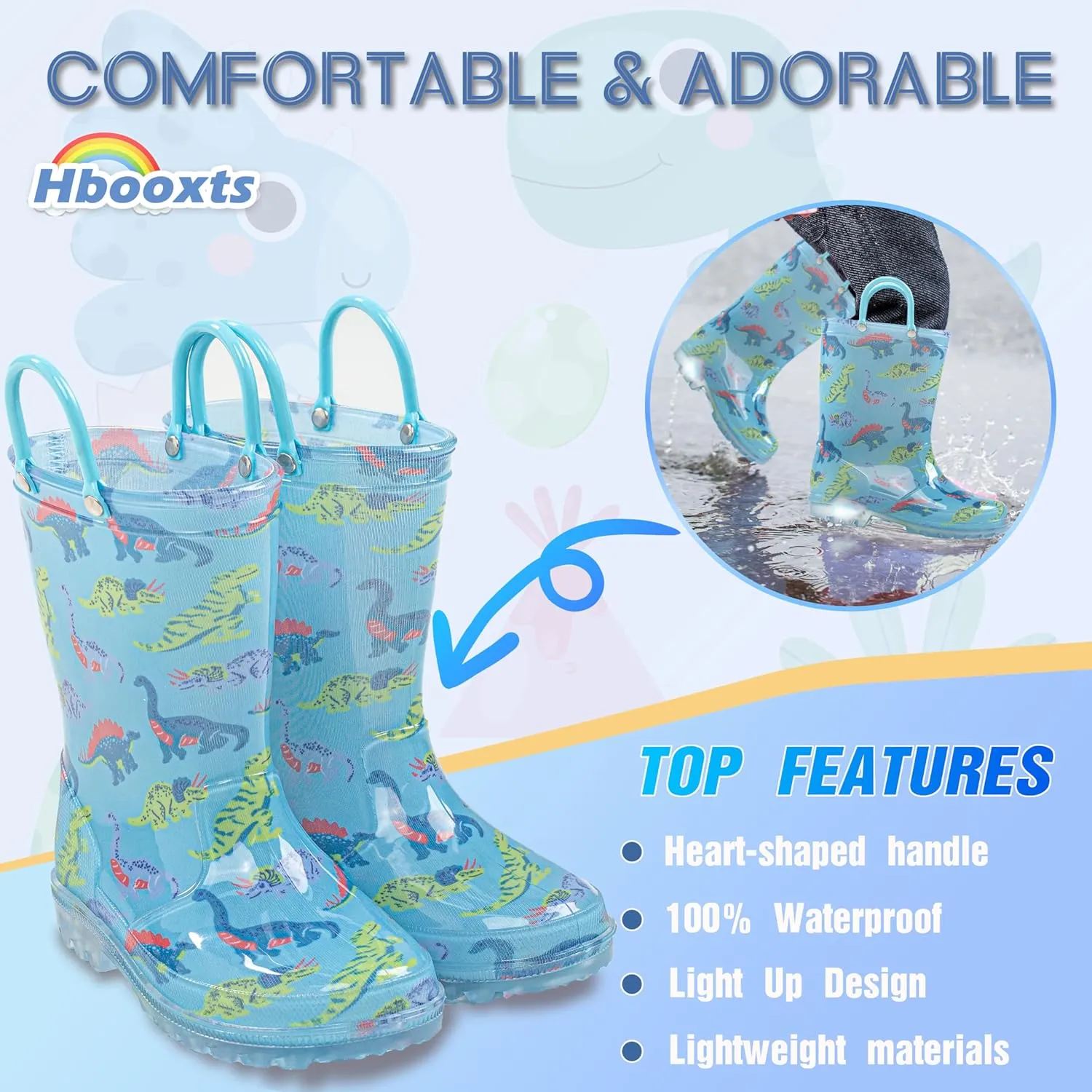 Toddler Light Up Rain Boots for Girls Boys Waterproof Rain Boots with Handles Outdoors Kid Rain Boots