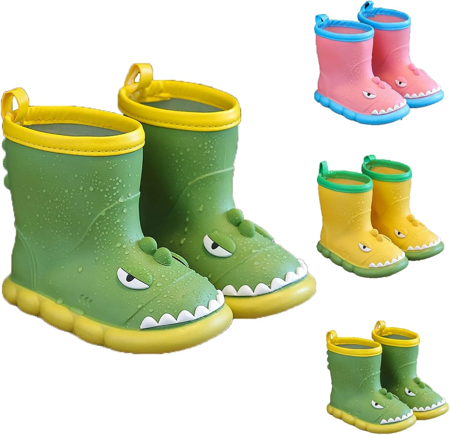 Toddler Waterproof Rain Boots Kids Rubber Boots Cute 3D Dinosaur Pull on Rainboots Boys Girls Water Shoes