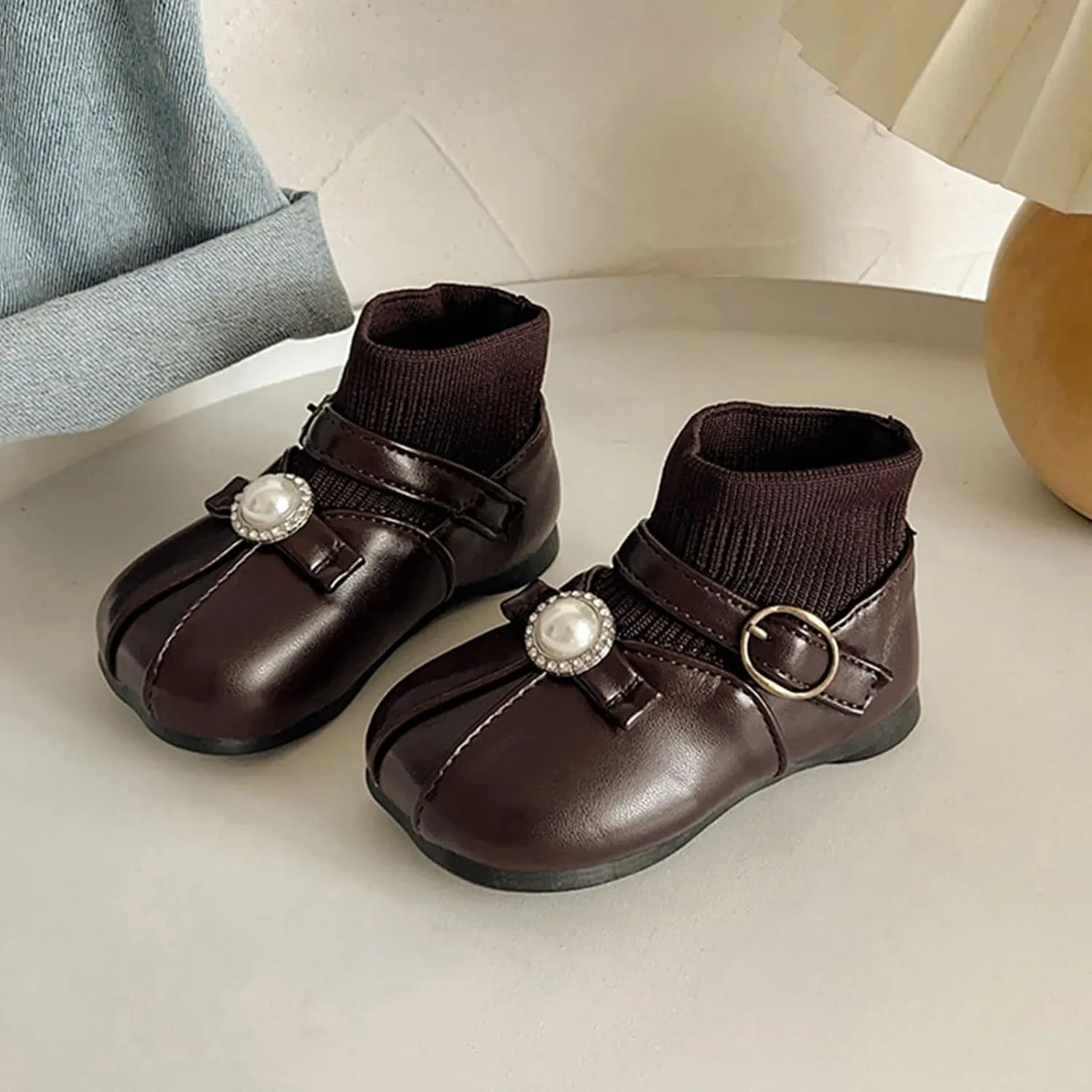 Waterroof Buckle Dress Shoes for Toddler Girls Kids PU Leather Lightweight Anti Slip Pary Socks Girl Boots Fuzzy
