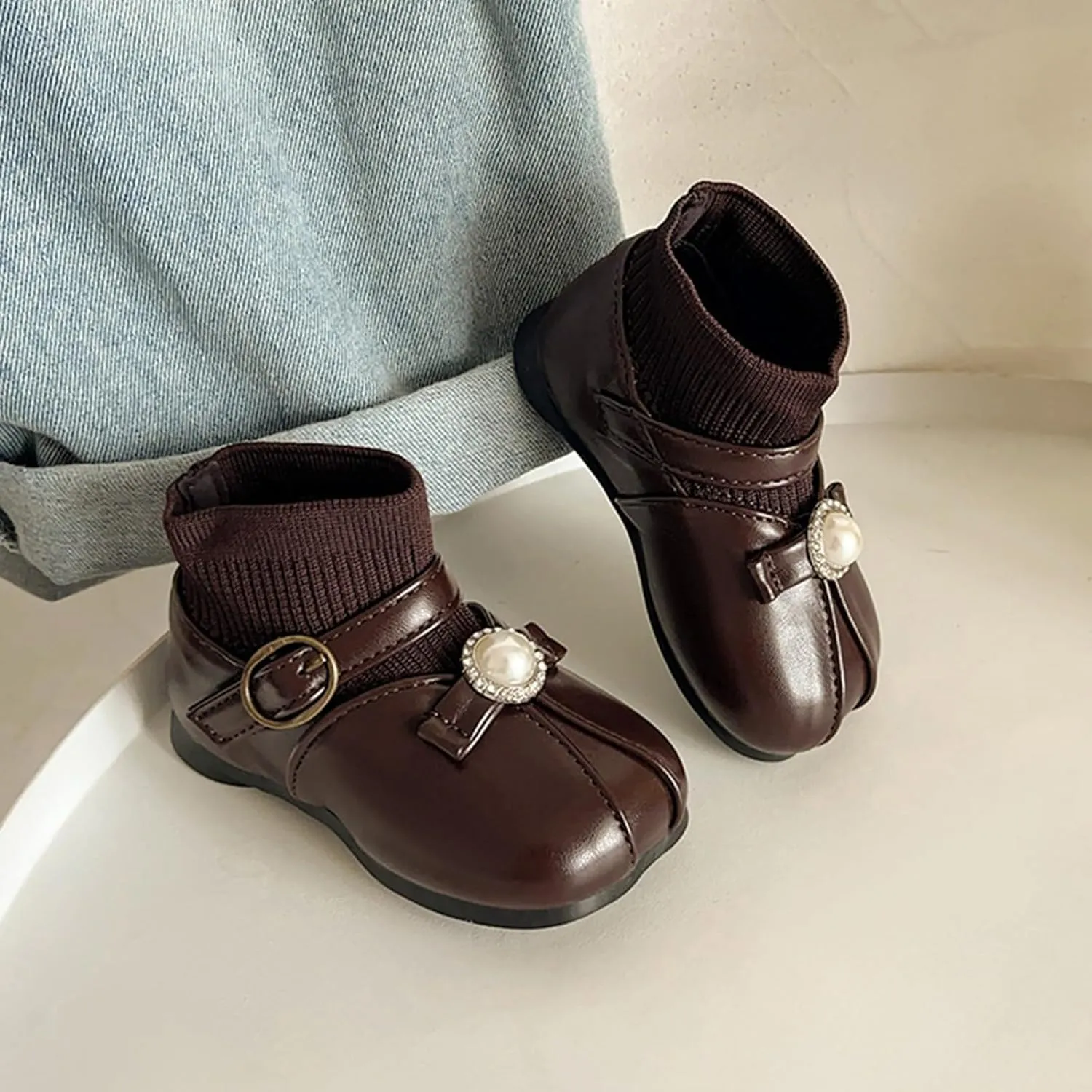 Waterroof Buckle Dress Shoes for Toddler Girls Kids PU Leather Lightweight Anti Slip Pary Socks Girl Boots Fuzzy