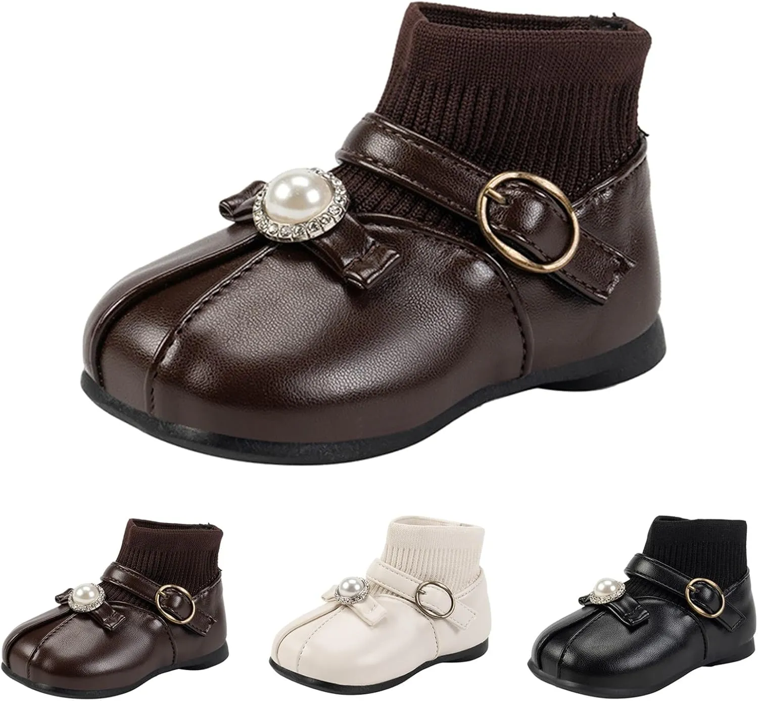 Waterroof Buckle Dress Shoes for Toddler Girls Kids PU Leather Lightweight Anti Slip Pary Socks Girl Boots Fuzzy