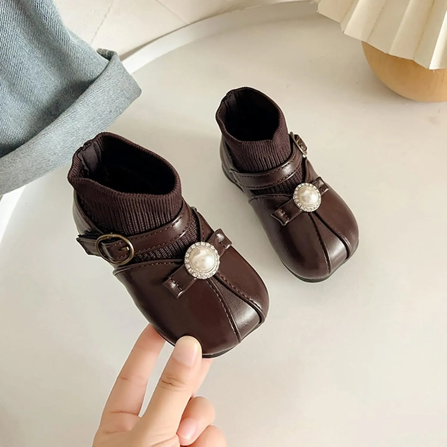 Waterroof Buckle Dress Shoes for Toddler Girls Kids PU Leather Lightweight Anti Slip Pary Socks Girl Boots Fuzzy