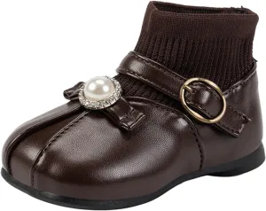 Waterroof Buckle Dress Shoes for Toddler Girls Kids PU Leather Lightweight Anti Slip Pary Socks Girl Boots Fuzzy