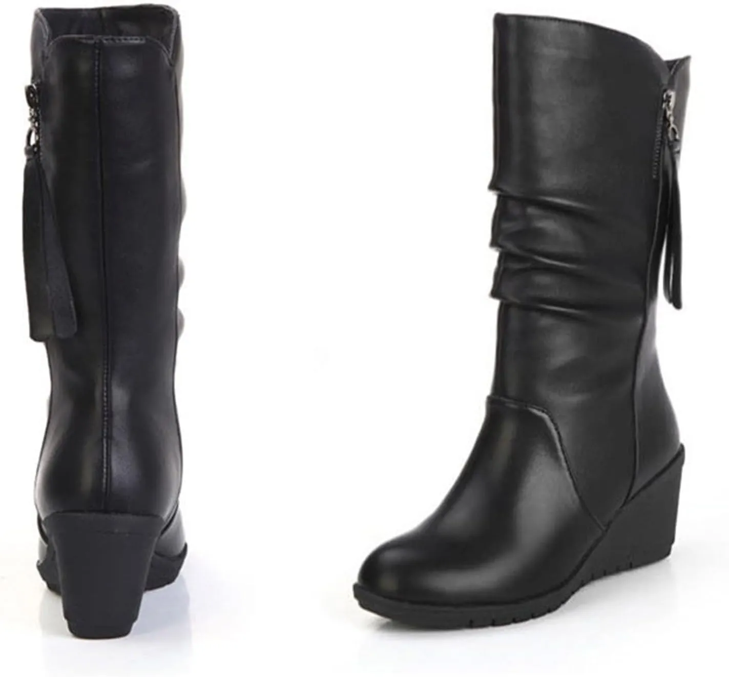 Wedge Booties for Women Wide Width,Plush Warm Snow Boots Round Toe Riding Boots with Zipper Comfy Faux Leather Boots