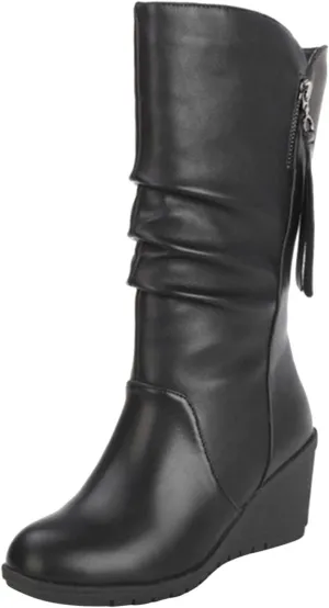 Wedge Booties for Women Wide Width,Plush Warm Snow Boots Round Toe Riding Boots with Zipper Comfy Faux Leather Boots