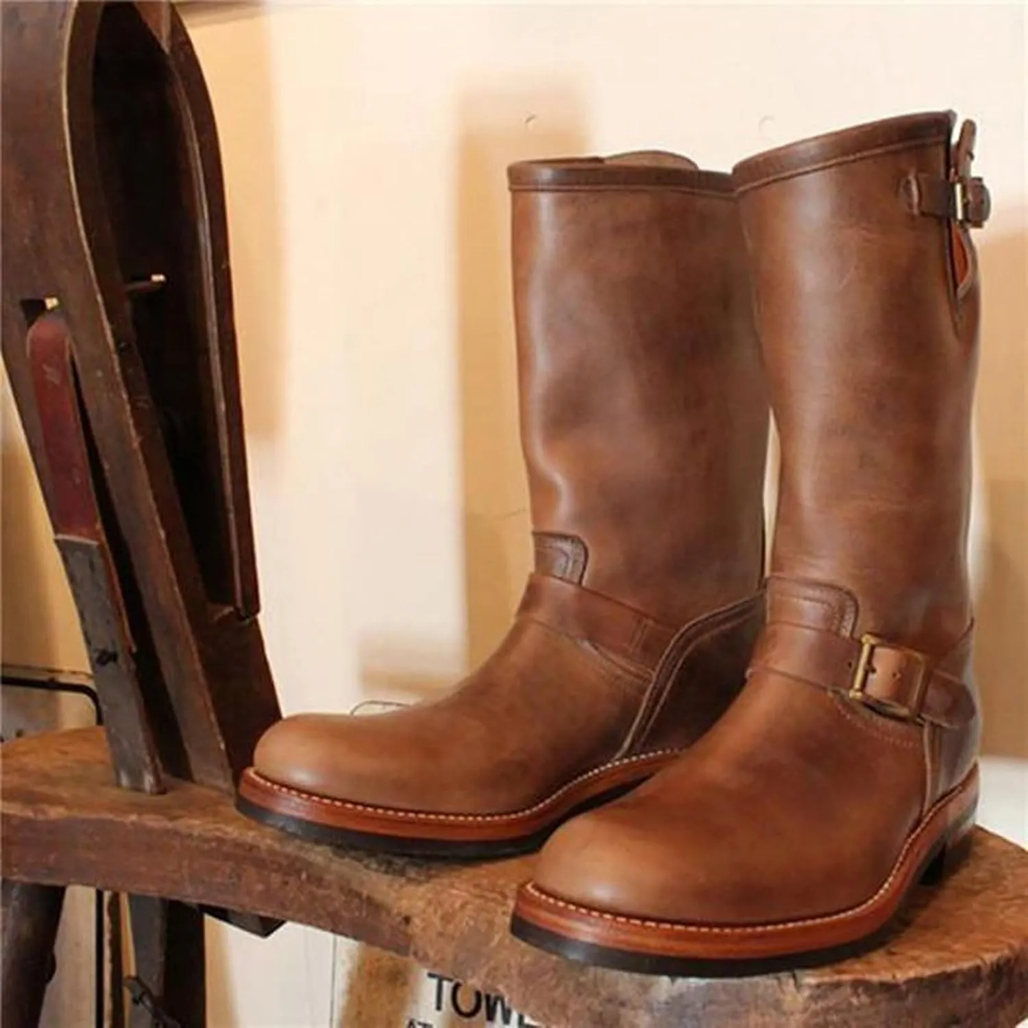 Western Boots For Men With Strap Round Toe Pull On Winter Boots For Men Mid-Calf Men Chunky Blocked