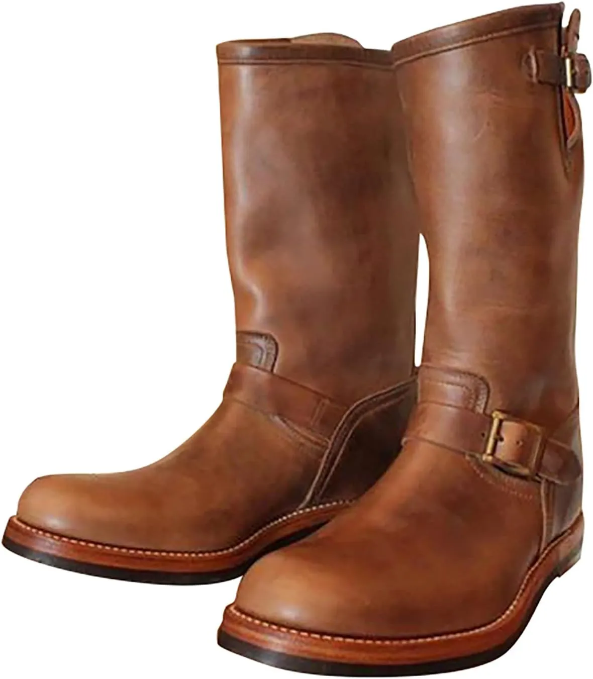 Western Boots For Men With Strap Round Toe Pull On Winter Boots For Men Mid-Calf Men Chunky Blocked