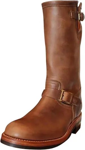 Western Boots For Men With Strap Round Toe Pull On Winter Boots For Men Mid-Calf Men Chunky Blocked