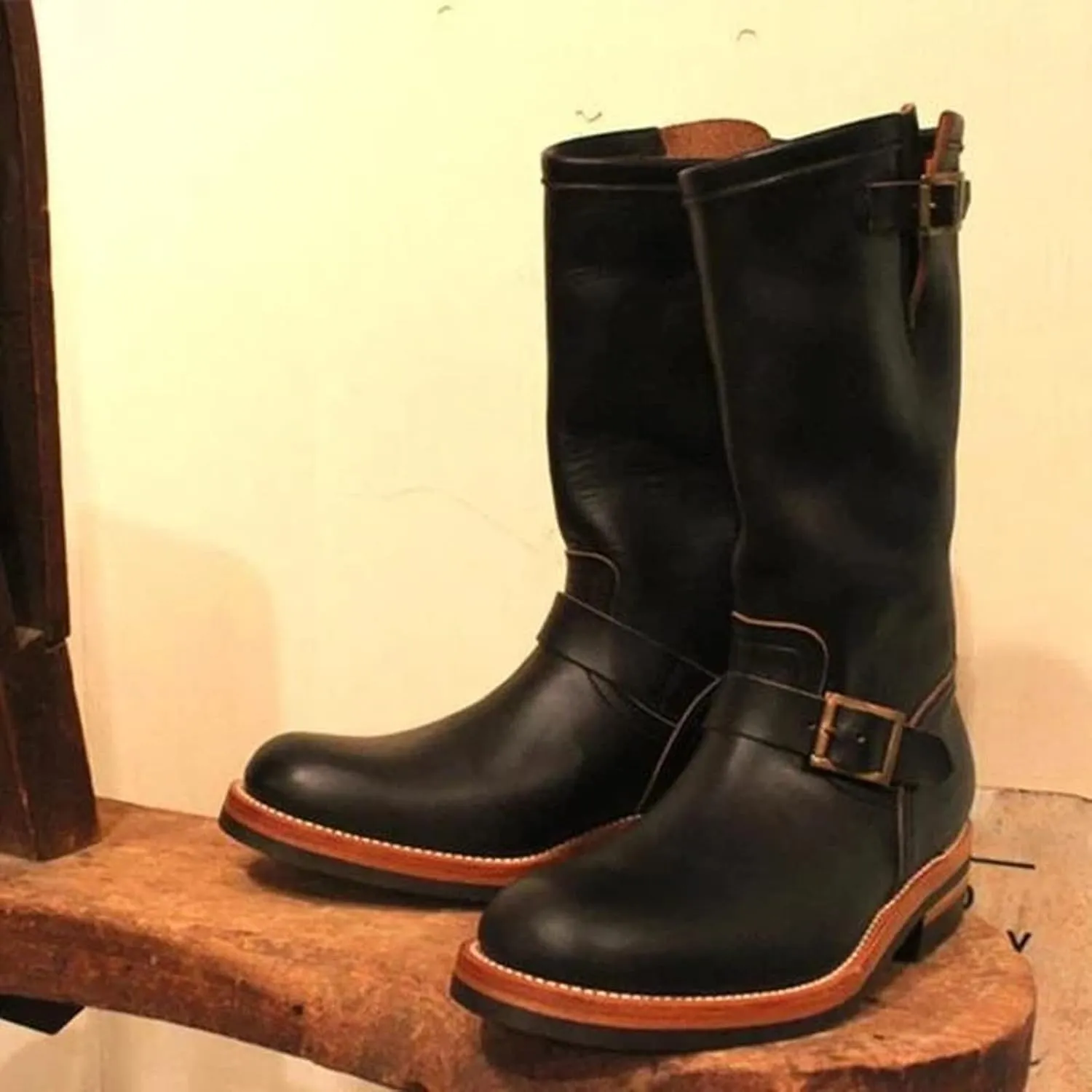 Western Boots For Men With Strap Round Toe Pull On Winter Boots For Men Mid-Calf Men Chunky Blocked