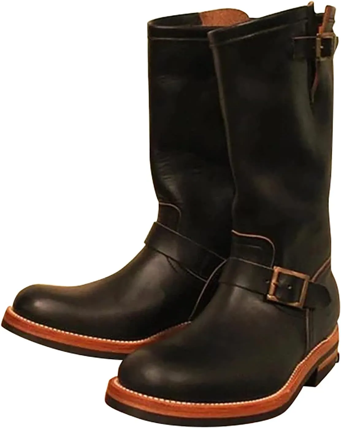 Western Boots For Men With Strap Round Toe Pull On Winter Boots For Men Mid-Calf Men Chunky Blocked