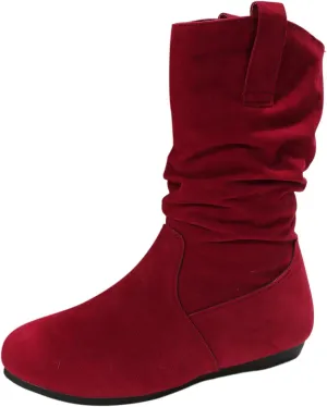 White Cowgirl Boots Suede Flats Mid Calf Boots Pleated Thigh High Boots Pull On Winter Winter Warm Bootie