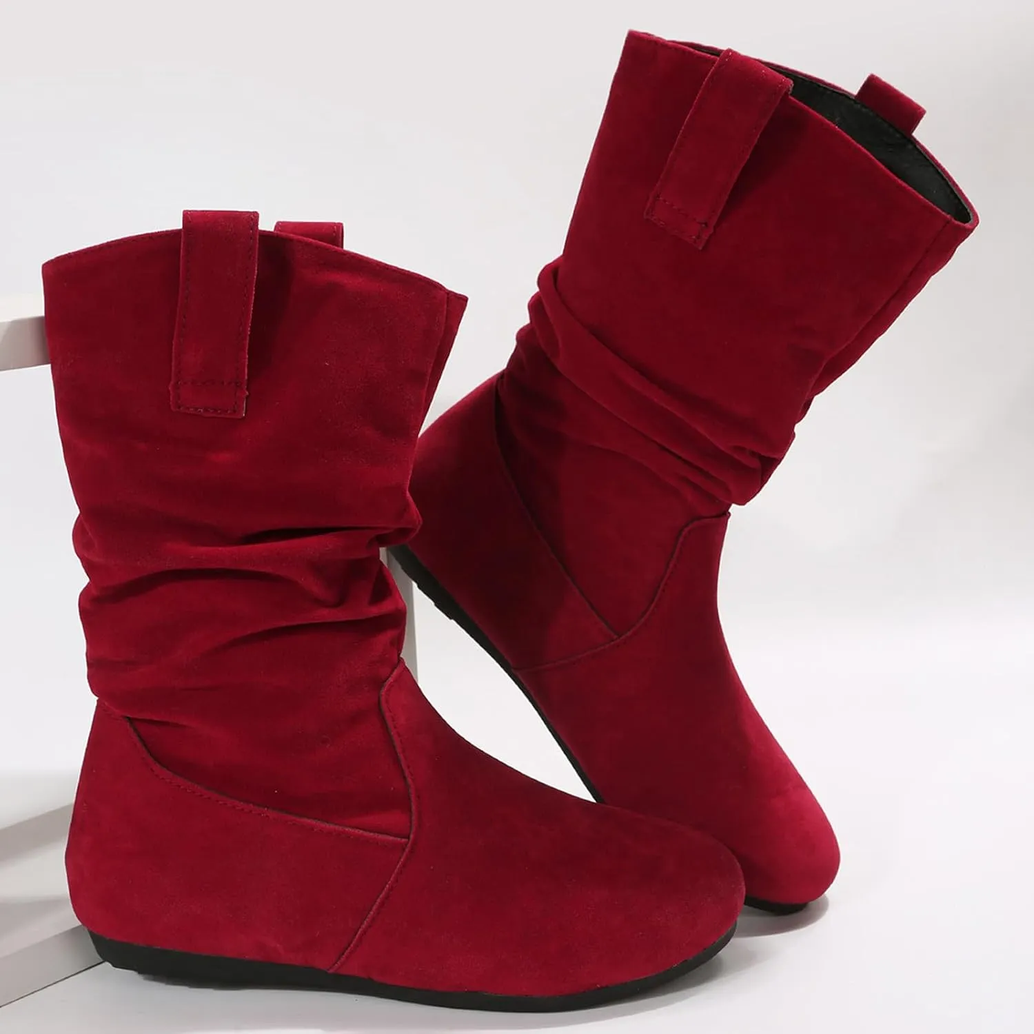 White Cowgirl Boots Suede Flats Mid Calf Boots Pleated Thigh High Boots Pull On Winter Winter Warm Bootie