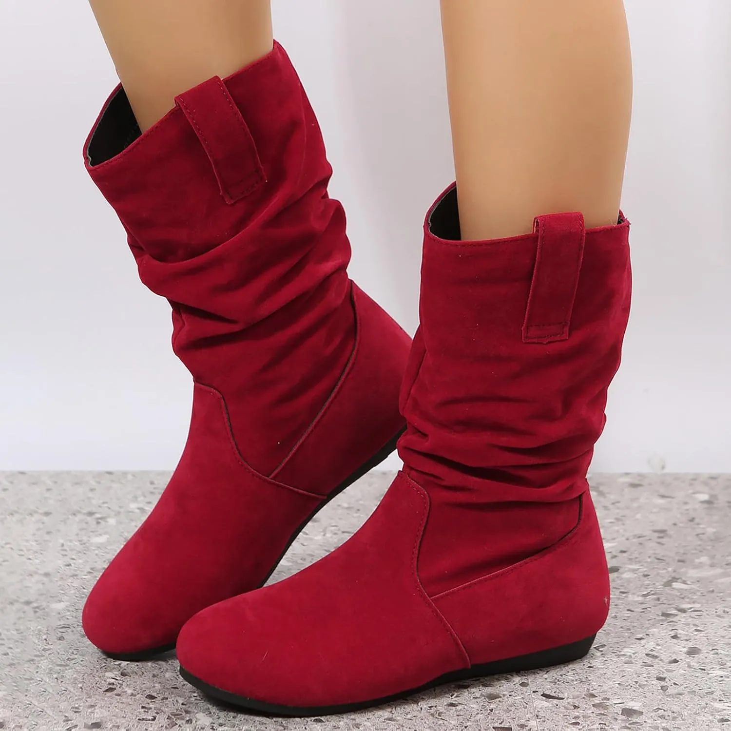 White Cowgirl Boots Suede Flats Mid Calf Boots Pleated Thigh High Boots Pull On Winter Winter Warm Bootie