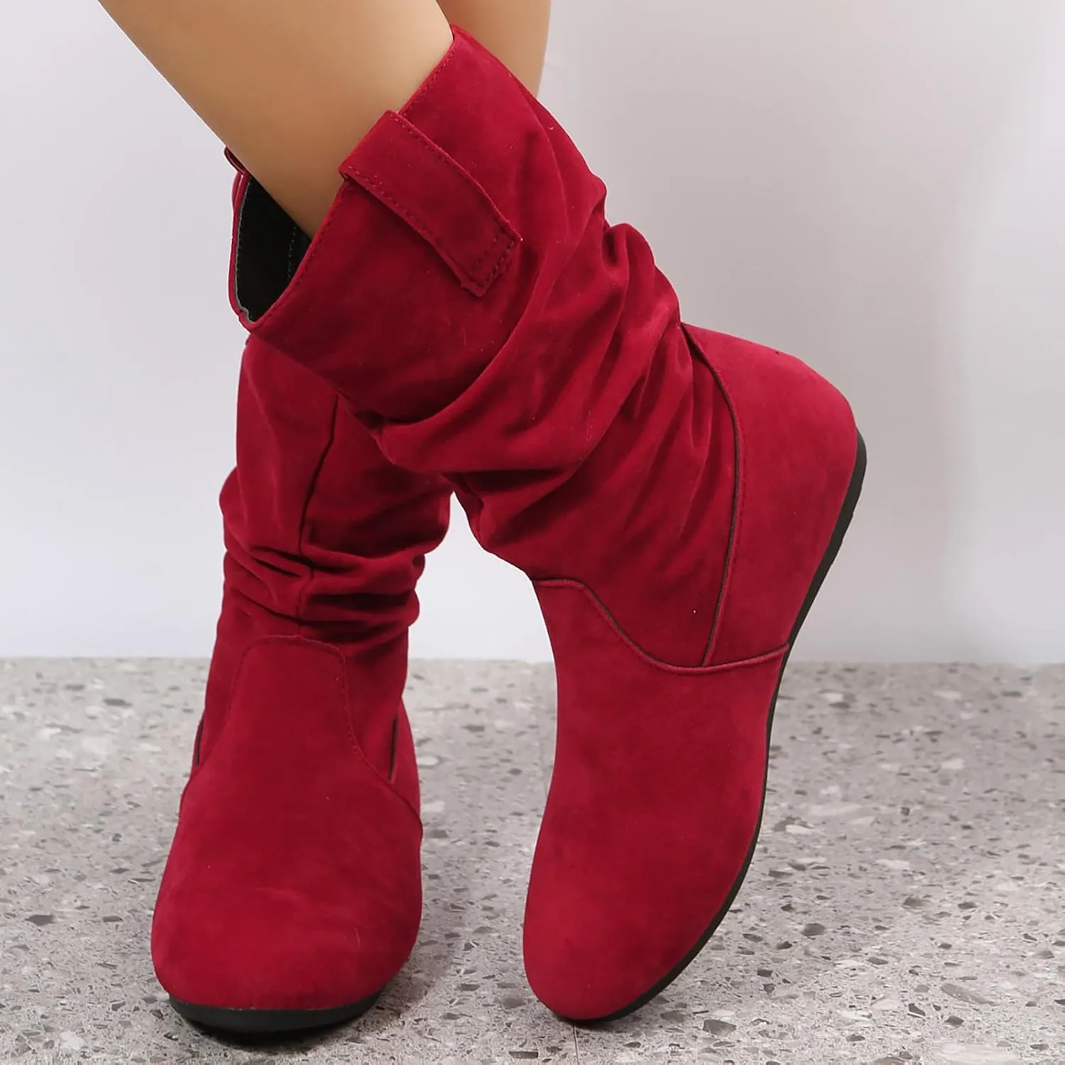 White Cowgirl Boots Suede Flats Mid Calf Boots Pleated Thigh High Boots Pull On Winter Winter Warm Bootie