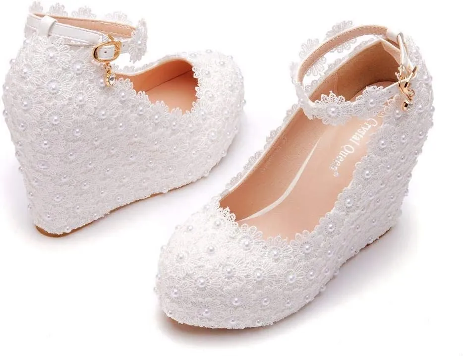 White Lace Wedding Shoes Wedges Heels Platform Wedges Shoes Round Toe Wedges Pumps Bridal Shoes