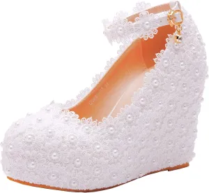 White Lace Wedding Shoes Wedges Heels Platform Wedges Shoes Round Toe Wedges Pumps Bridal Shoes