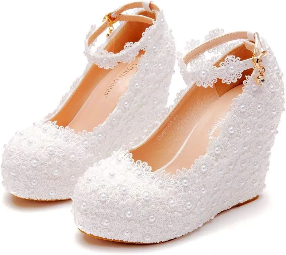 White Lace Wedding Shoes Wedges Heels Platform Wedges Shoes Round Toe Wedges Pumps Bridal Shoes