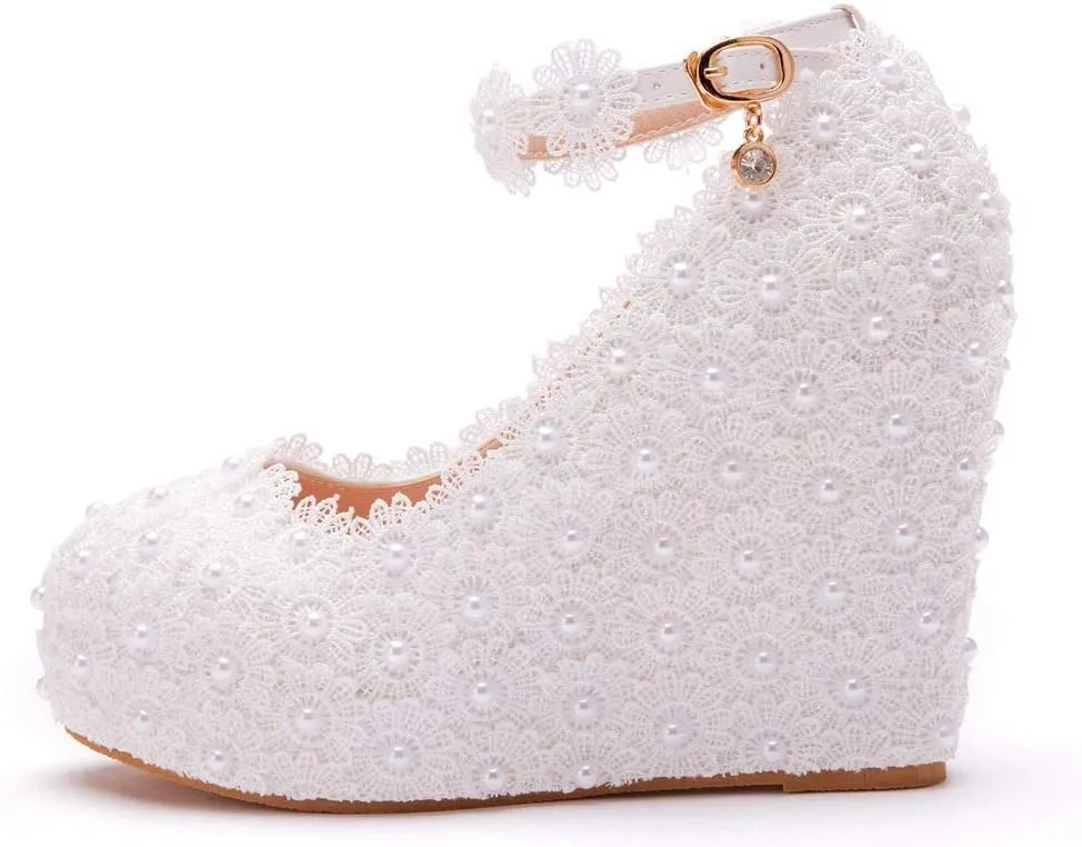 White Lace Wedding Shoes Wedges Heels Platform Wedges Shoes Round Toe Wedges Pumps Bridal Shoes