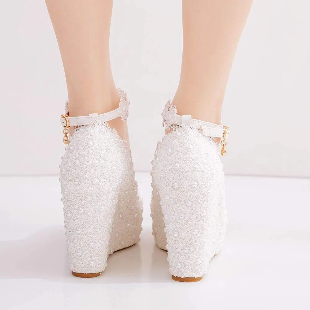 White Lace Wedding Shoes Wedges Heels Platform Wedges Shoes Round Toe Wedges Pumps Bridal Shoes