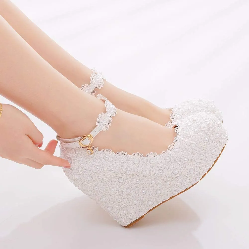 White Lace Wedding Shoes Wedges Heels Platform Wedges Shoes Round Toe Wedges Pumps Bridal Shoes