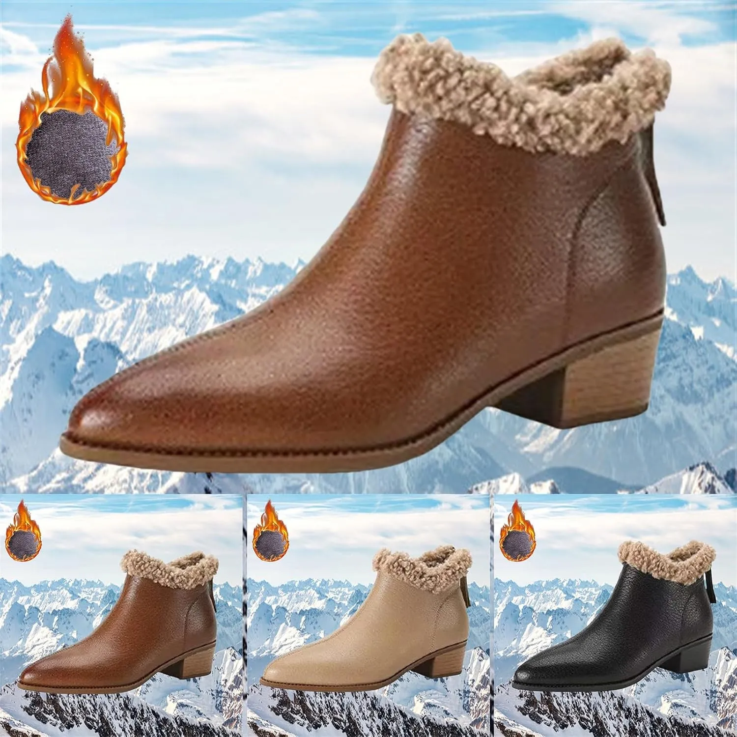 Winter Ankle Bootie for Womens High Chunky Heels Ladies Waterproof Cozy Pointed Toe Western Short Boots