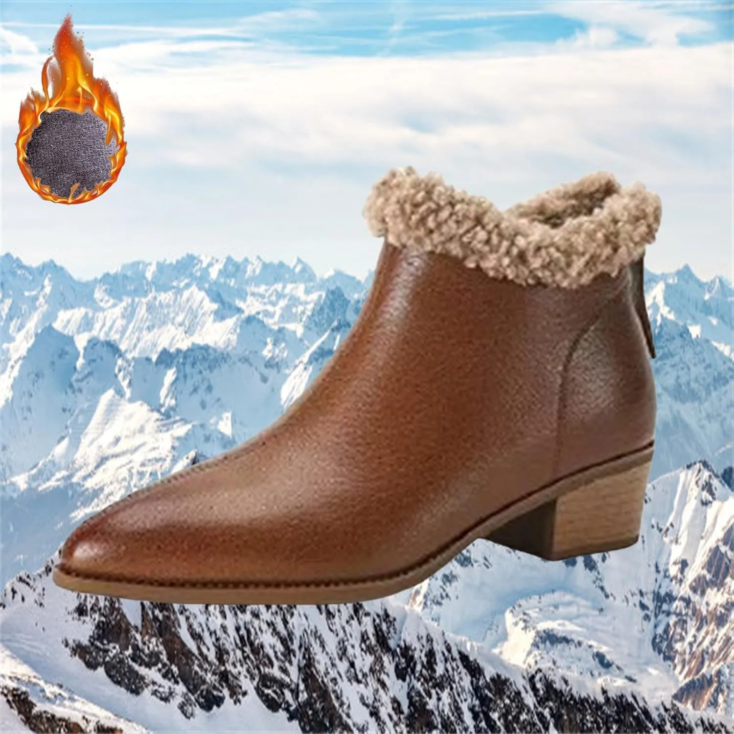 Winter Ankle Bootie for Womens High Chunky Heels Ladies Waterproof Cozy Pointed Toe Western Short Boots