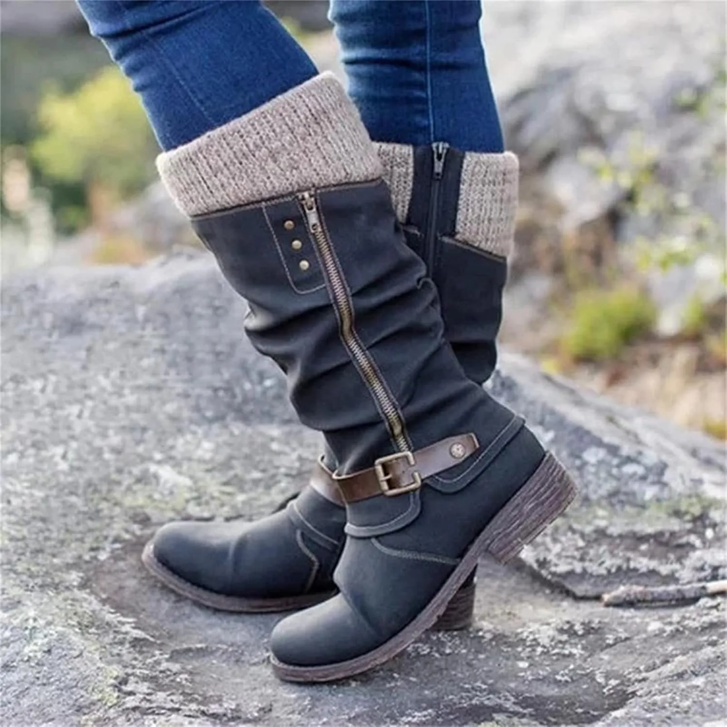 Winter Boots For Women Fashion 2022 Combat Boots Lace up Mid Calf Low Heel Chunky Platform Side Zipper Military Booties
