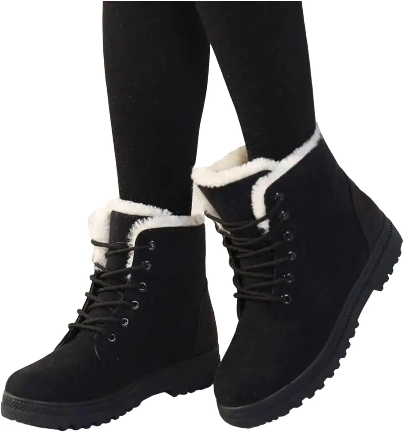 Winter Boots for Women Wide Width,Warm Fur Lined Snow Boots Casual Lace Up Ankle Boots Platform Round ToeFlat Boots