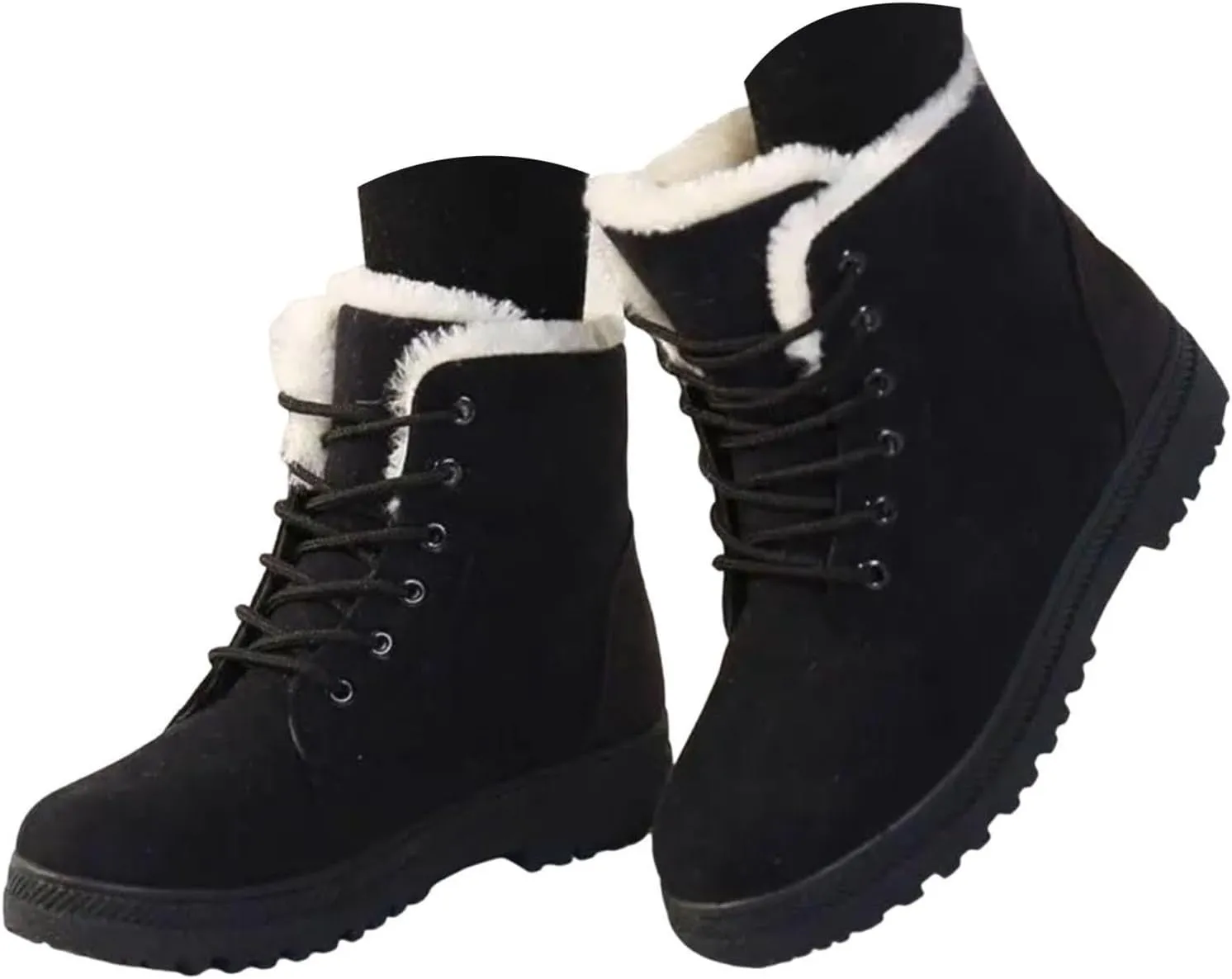 Winter Boots for Women Wide Width,Warm Fur Lined Snow Boots Casual Lace Up Ankle Boots Platform Round ToeFlat Boots