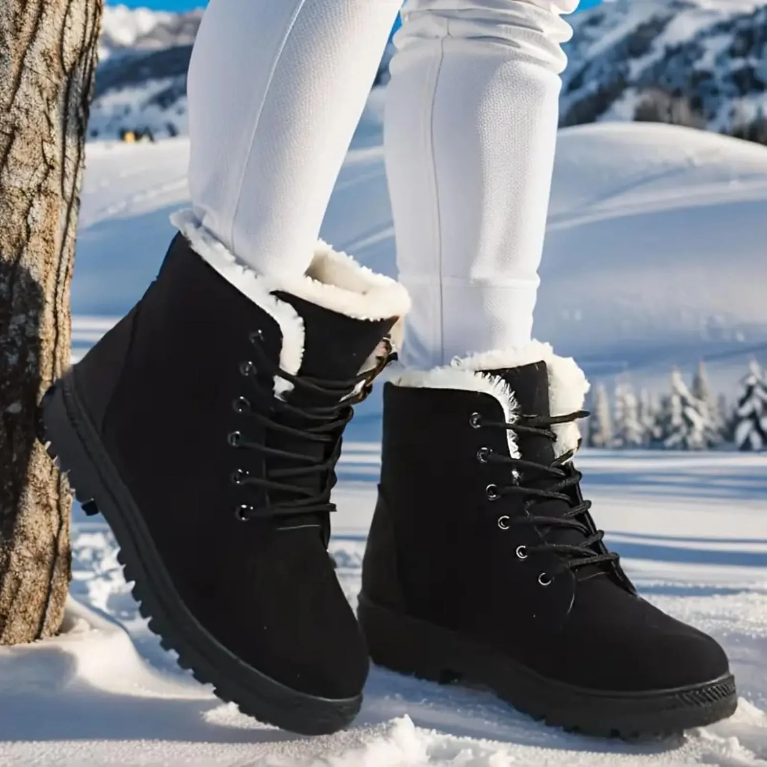 Winter Boots for Women Wide Width,Warm Fur Lined Snow Boots Casual Lace Up Ankle Boots Platform Round ToeFlat Boots