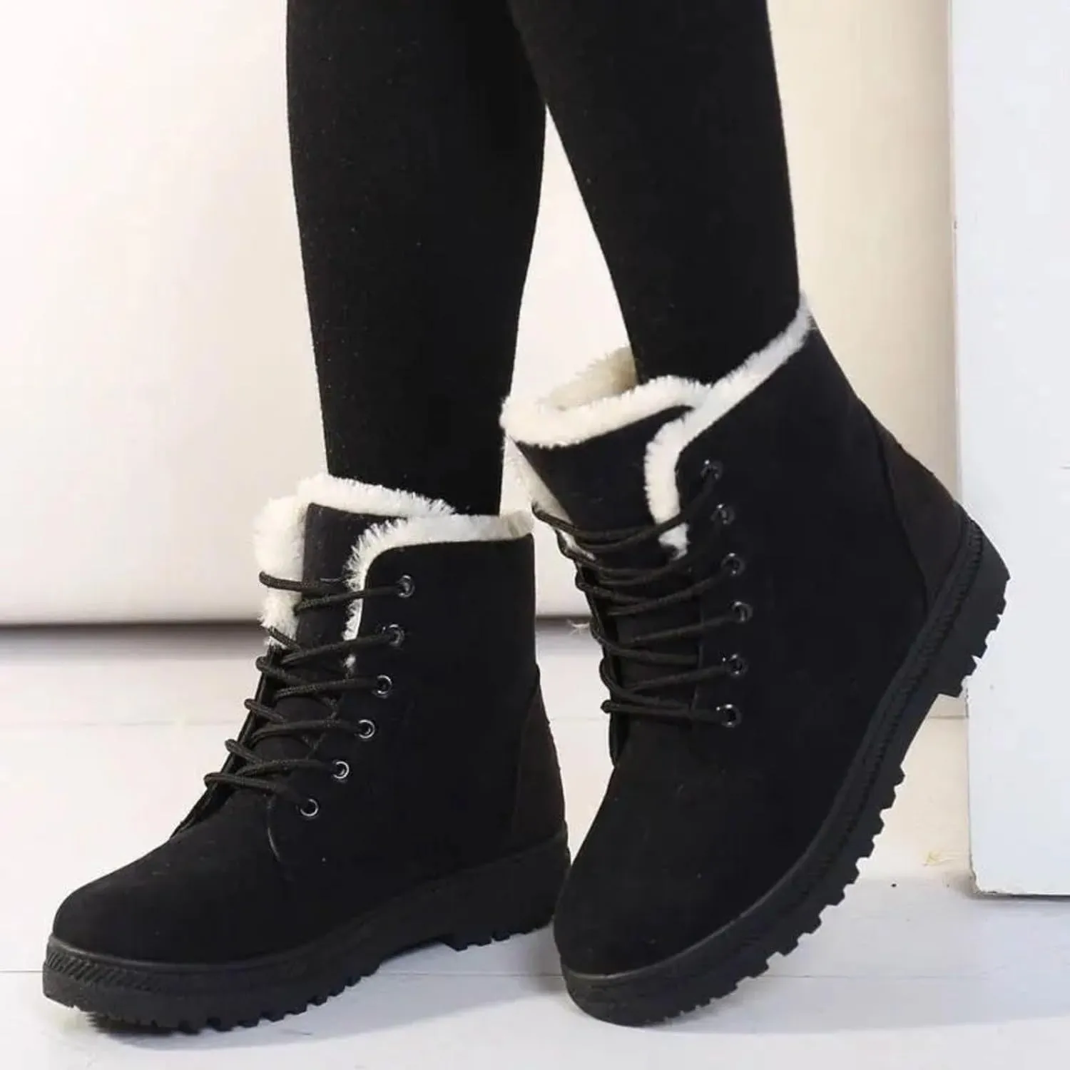 Winter Boots for Women Wide Width,Warm Fur Lined Snow Boots Casual Lace Up Ankle Boots Platform Round ToeFlat Boots