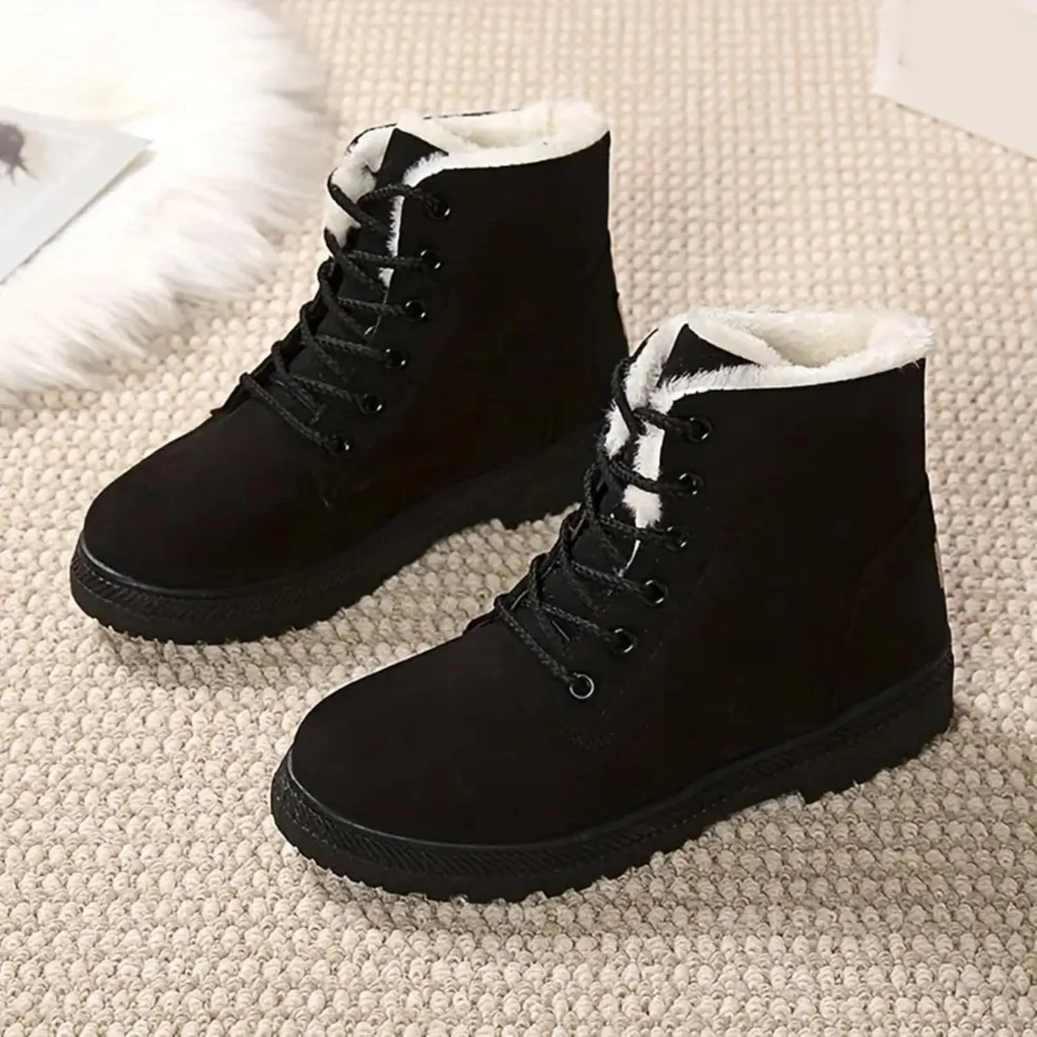 Winter Boots for Women Wide Width,Warm Fur Lined Snow Boots Casual Lace Up Ankle Boots Platform Round ToeFlat Boots