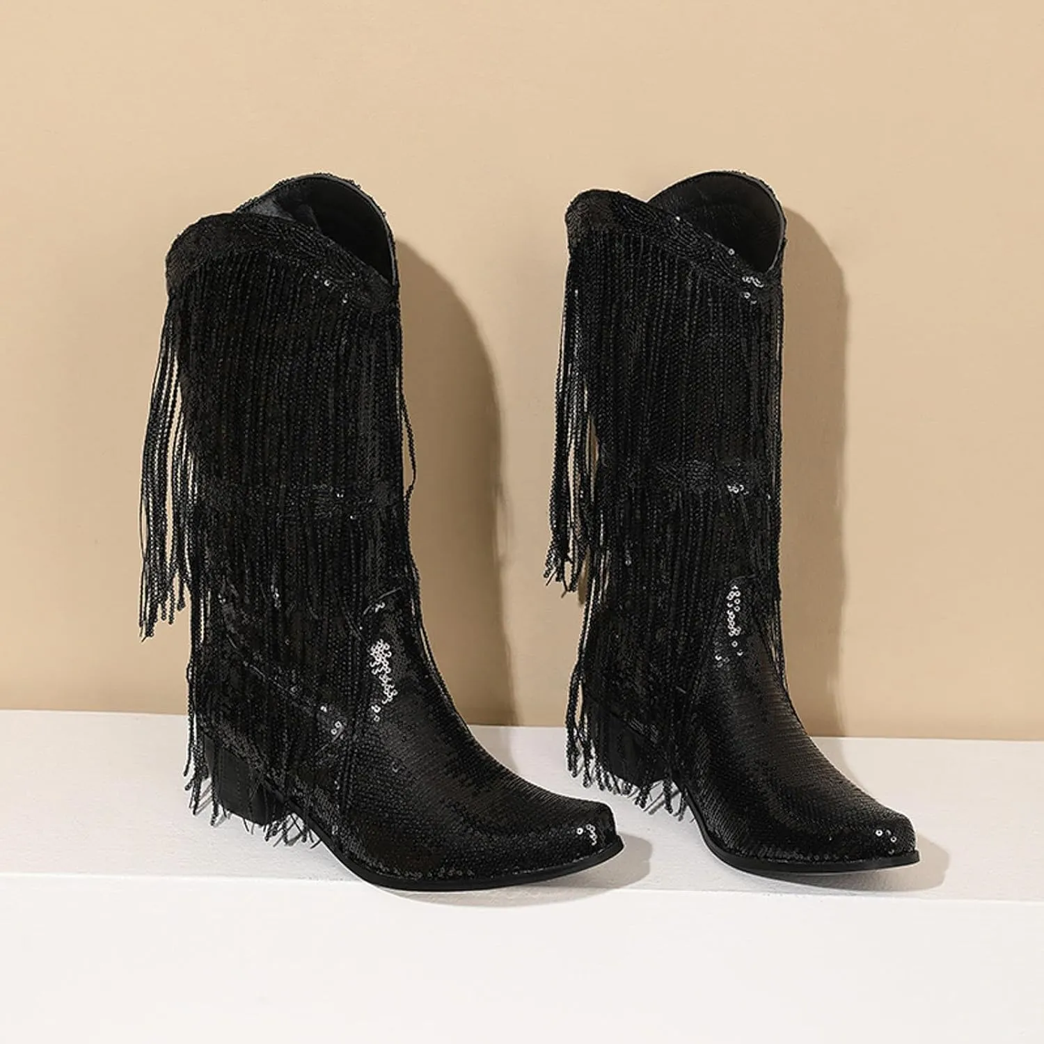 Women Mid Calf Boots Fashionable New Pattern Sequin Decoration Tassel Boots Pointed Thick Boots for Women Wide Calf Heel