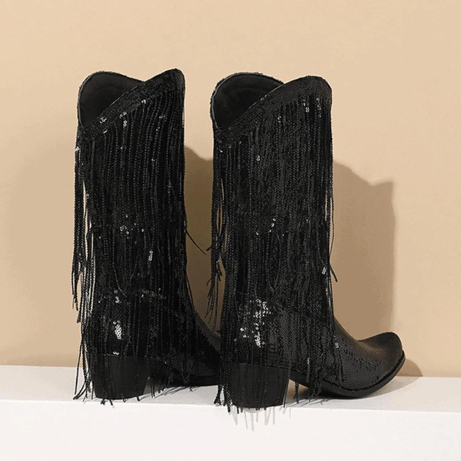 Women Mid Calf Boots Fashionable New Pattern Sequin Decoration Tassel Boots Pointed Thick Boots for Women Wide Calf Heel