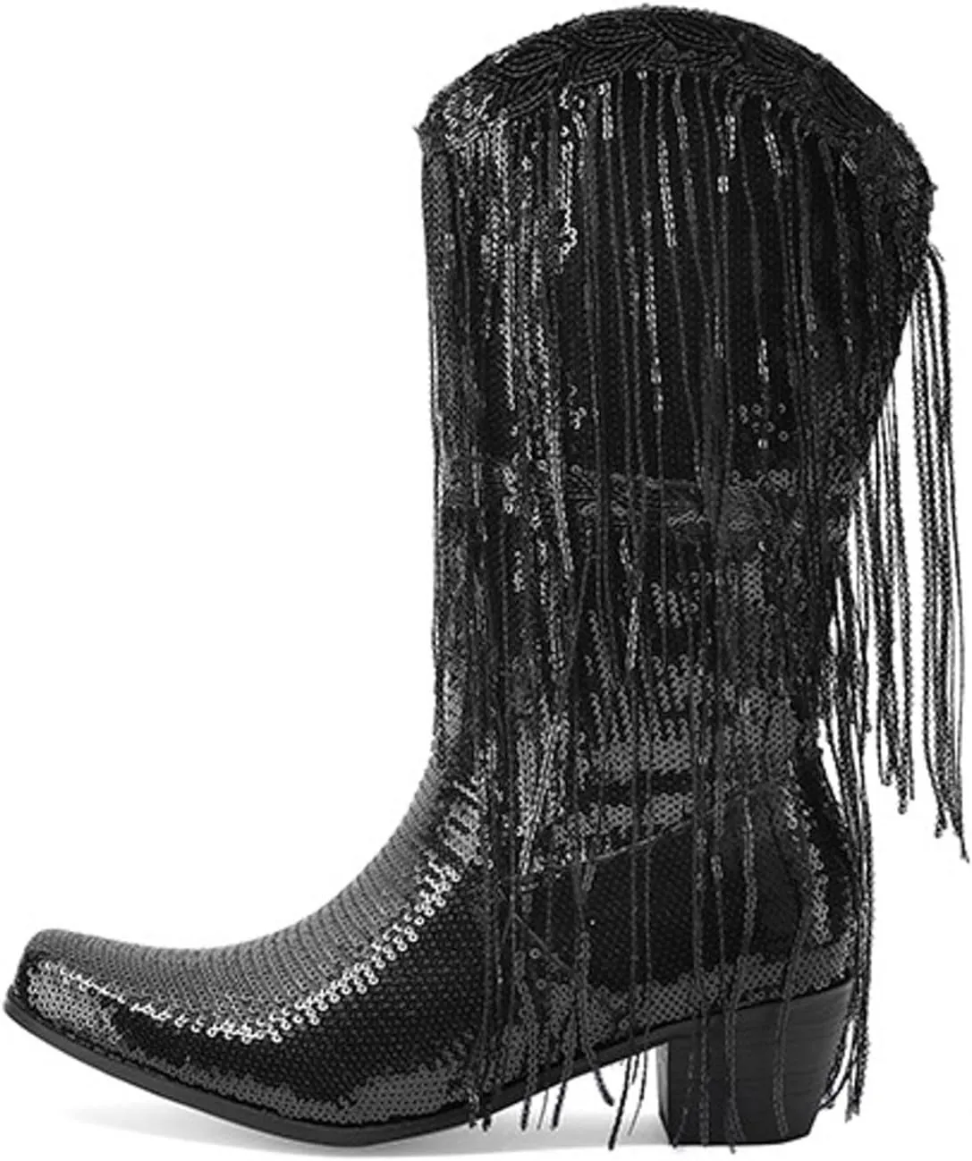 Women Mid Calf Boots Fashionable New Pattern Sequin Decoration Tassel Boots Pointed Thick Boots for Women Wide Calf Heel