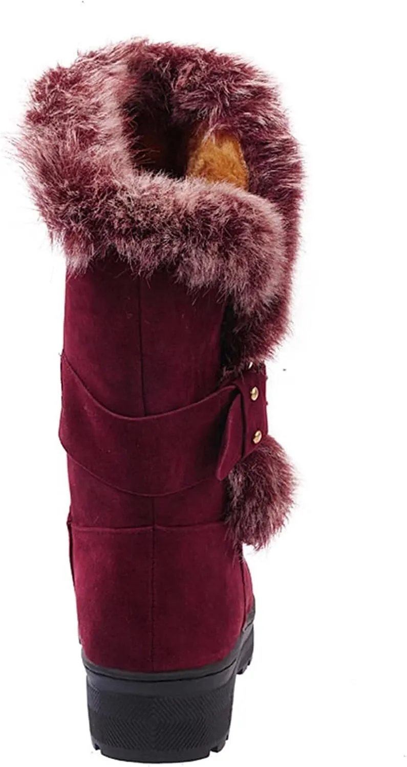Women Slip On Waterproof Outdoor Anti-Slip Fur Lined Ankle Snow Boots Buckle Strap Round Toe Flat Winter Ankle Boots