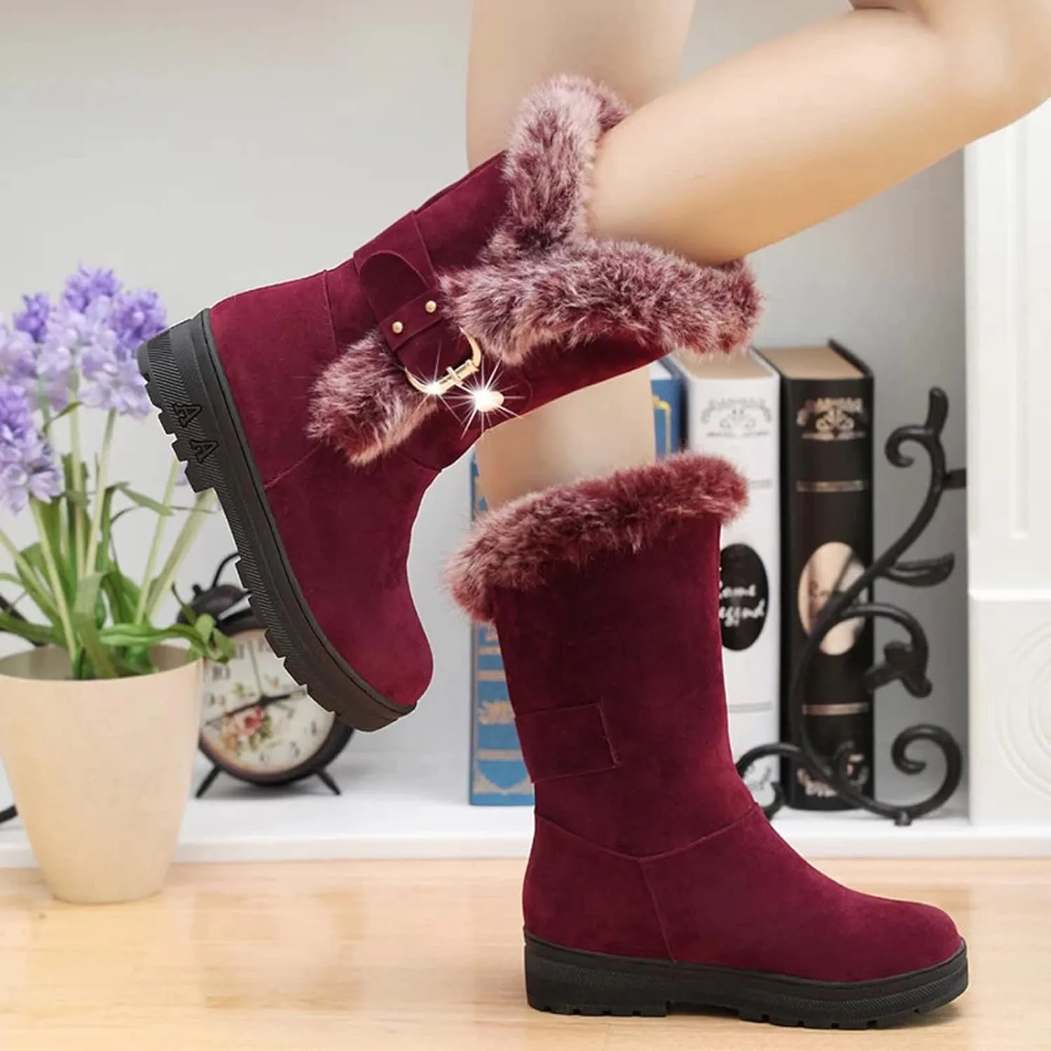 Women Slip On Waterproof Outdoor Anti-Slip Fur Lined Ankle Snow Boots Buckle Strap Round Toe Flat Winter Ankle Boots