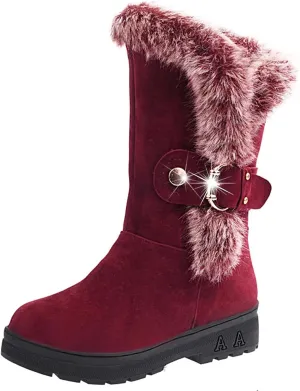 Women Slip On Waterproof Outdoor Anti-Slip Fur Lined Ankle Snow Boots Buckle Strap Round Toe Flat Winter Ankle Boots