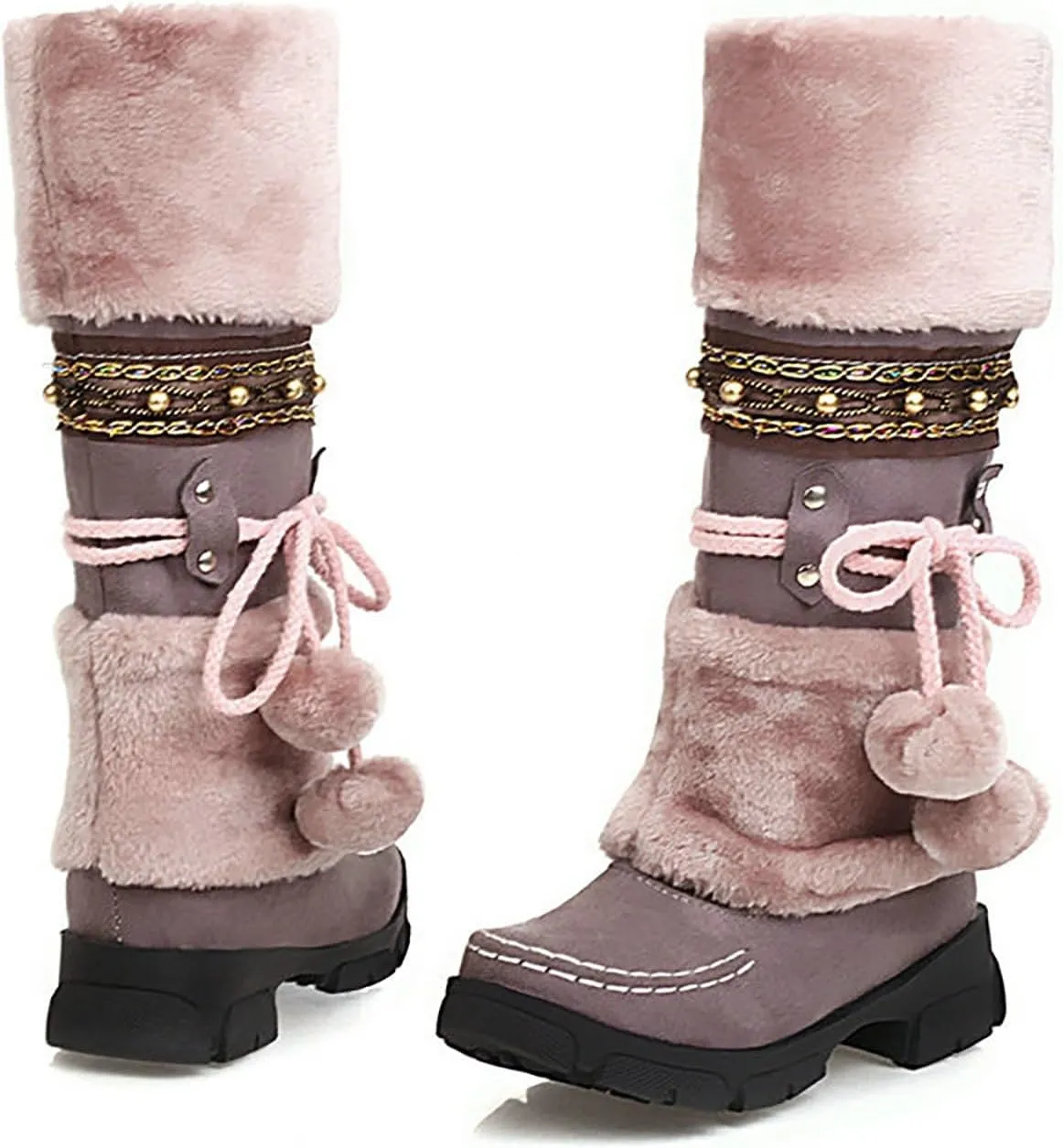 Women Snow Boots, Mid Calf Warm Insulated Faux Fur Lined Waterproof Lace Up Snow Boots Warm Fur Lined Winter Water-Resistan Ankle Booties Zipper Anti-Slip Boots