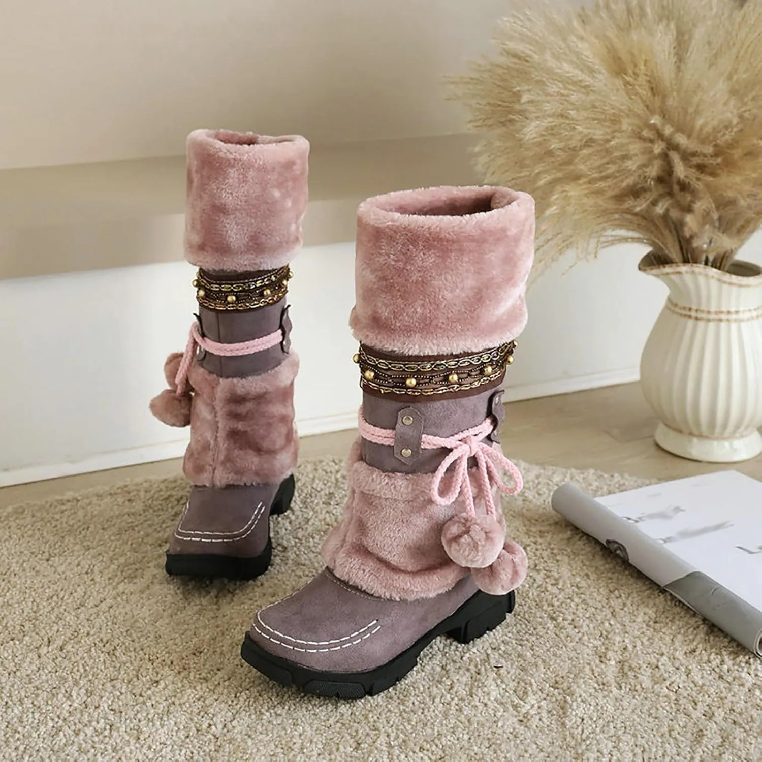 Women Snow Boots, Mid Calf Warm Insulated Faux Fur Lined Waterproof Lace Up Snow Boots Warm Fur Lined Winter Water-Resistan Ankle Booties Zipper Anti-Slip Boots