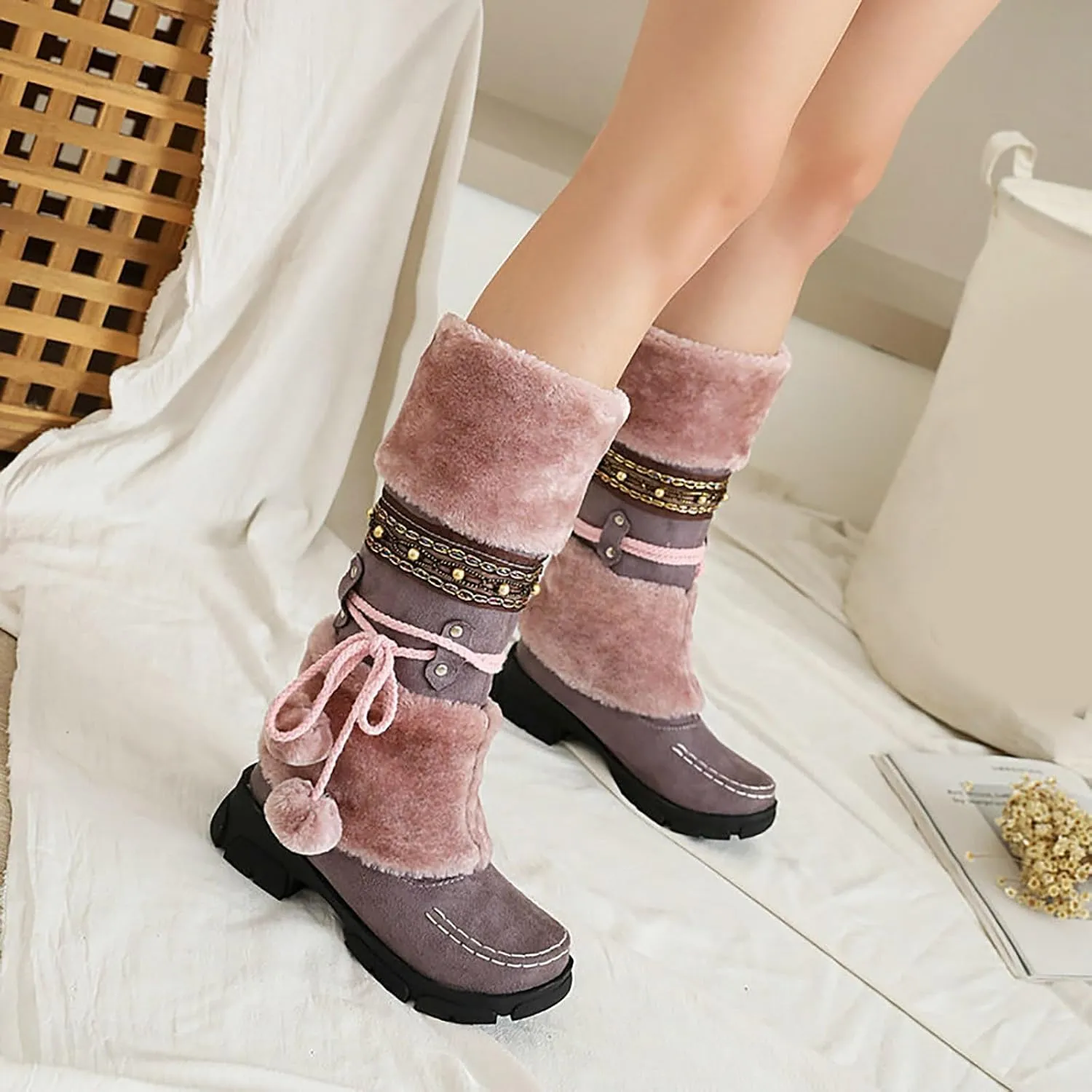 Women Snow Boots, Mid Calf Warm Insulated Faux Fur Lined Waterproof Lace Up Snow Boots Warm Fur Lined Winter Water-Resistan Ankle Booties Zipper Anti-Slip Boots