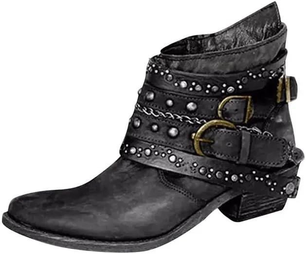 Women Vintage Western Cowboy Boots Chunky Low Heel Cowgirl Ankle Booties Motorcycle Leather Bootie Shoes