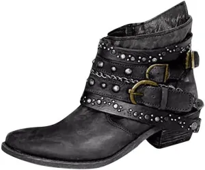 Women Vintage Western Cowboy Boots Chunky Low Heel Cowgirl Ankle Booties Motorcycle Leather Bootie Shoes