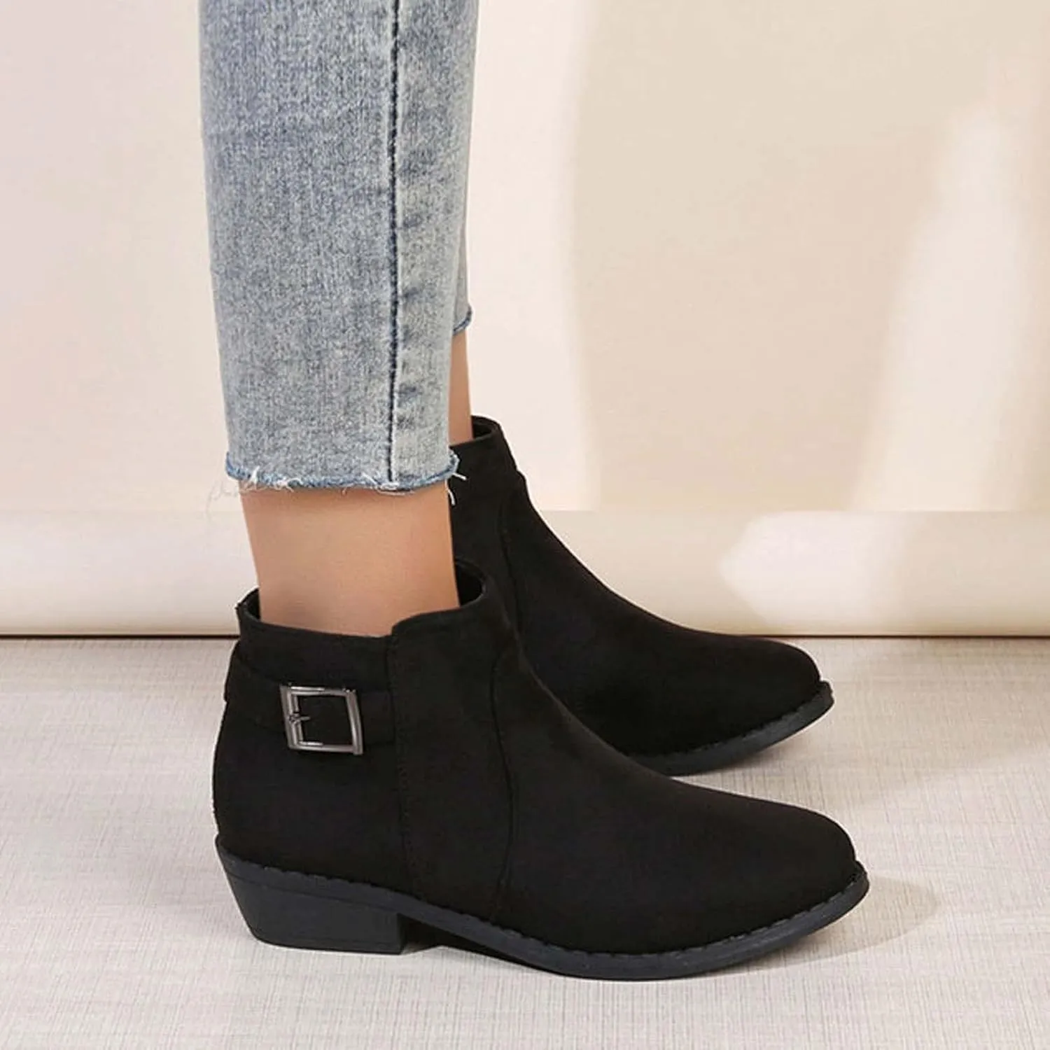 Women's Ankle Boots Chunky Heel Low Heeled Booties Fashion Closed Toe Strap Buckle Ankle Bootie