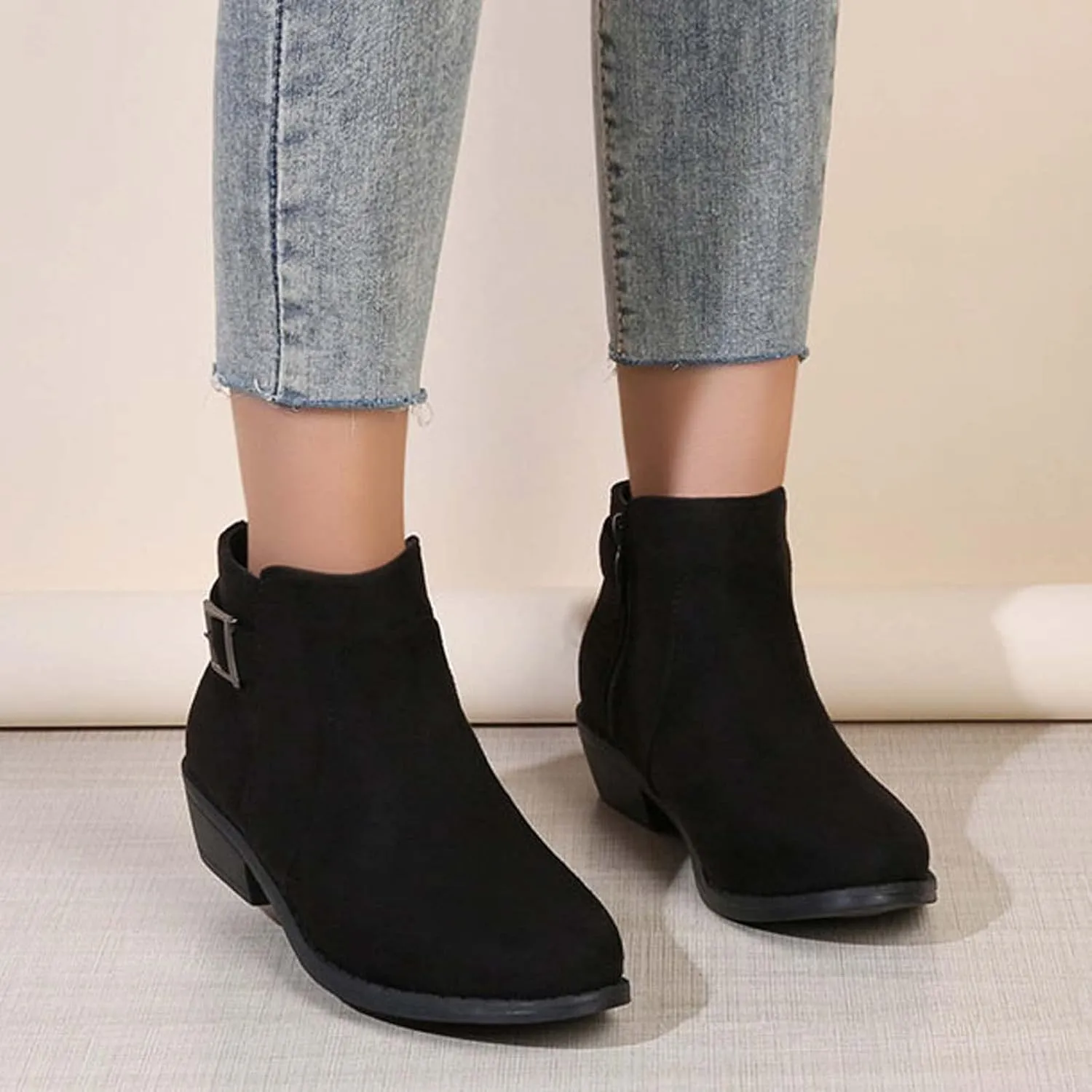 Women's Ankle Boots Chunky Heel Low Heeled Booties Fashion Closed Toe Strap Buckle Ankle Bootie