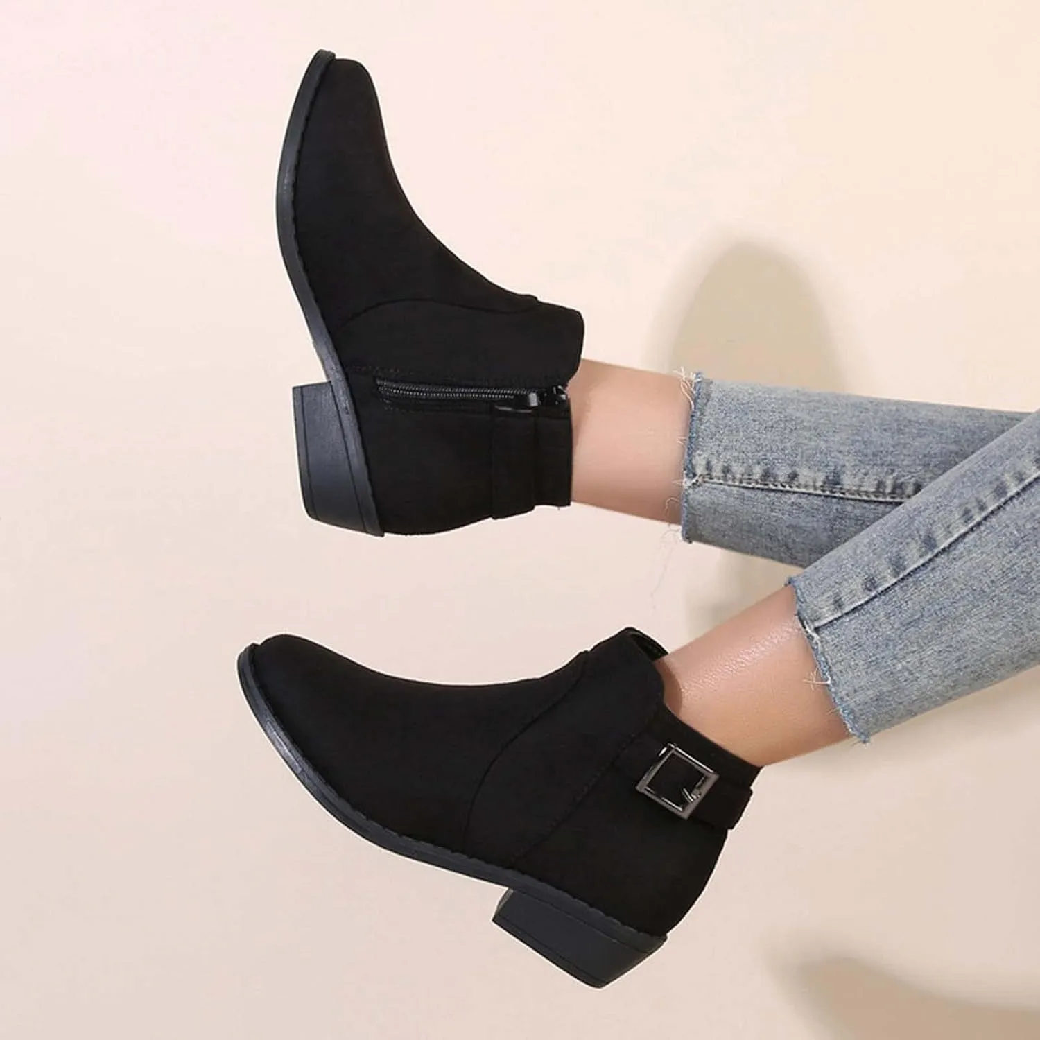 Women's Ankle Boots Chunky Heel Low Heeled Booties Fashion Closed Toe Strap Buckle Ankle Bootie