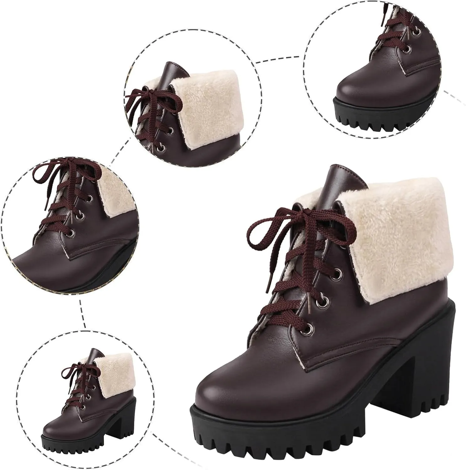 Women's Ankle Boots Slip On Platform Boots,Platform Boots for Women Heeled Combat Boots Chunky Heel Booties Round Toe Lace Up High Heel Ankle Boots Warm Fur Lined Winter Shoes for Party Work